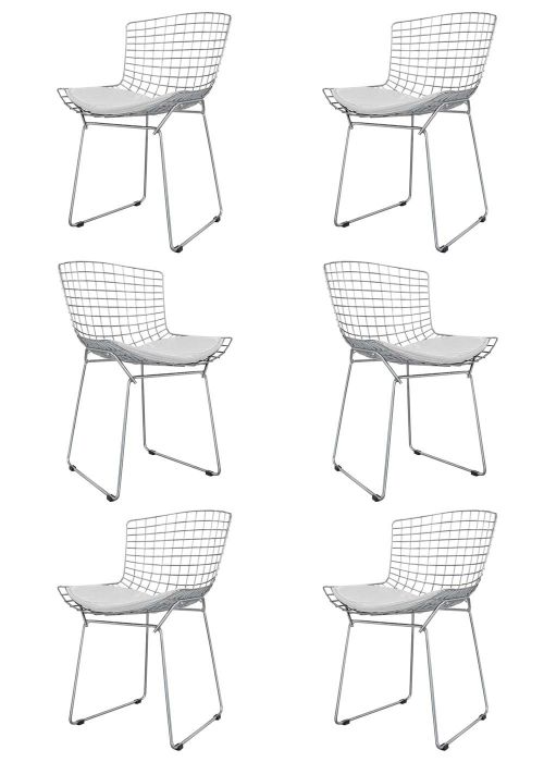 Bertoia Cromada x6 Tapizado Blanco