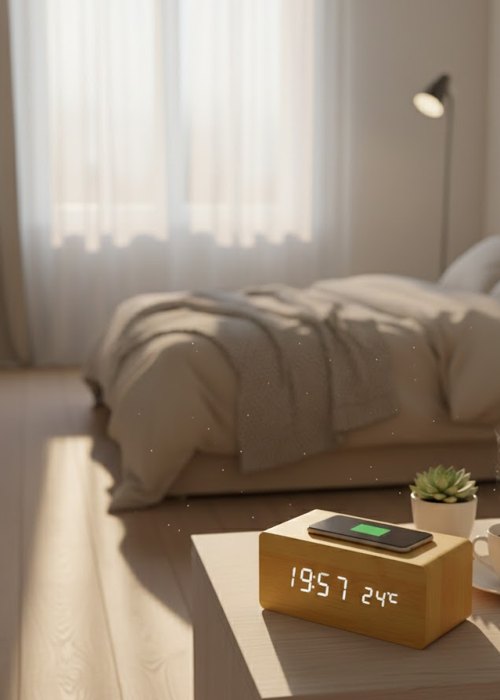 Reloj LED de madera con carga inalámbrica Neutro