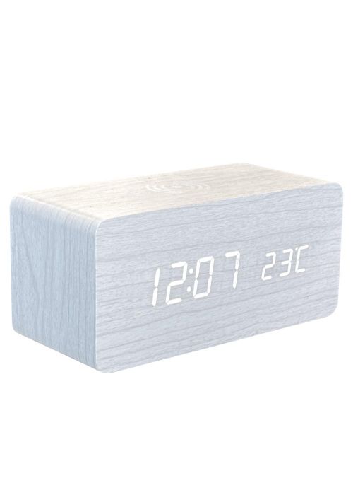 Reloj LED de madera con carga inalámbrica Blanco