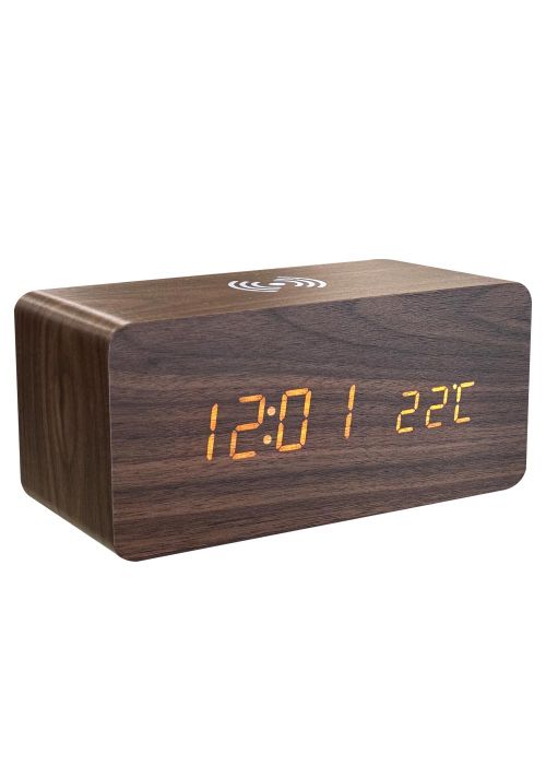 Reloj LED de madera con carga inalámbrica Marron