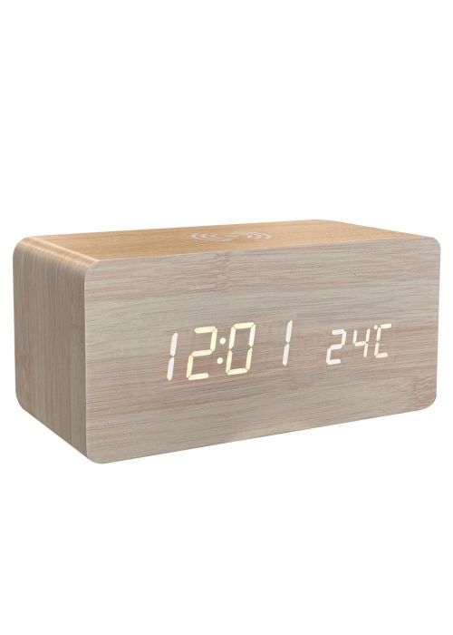 Reloj LED de madera con carga inalámbrica