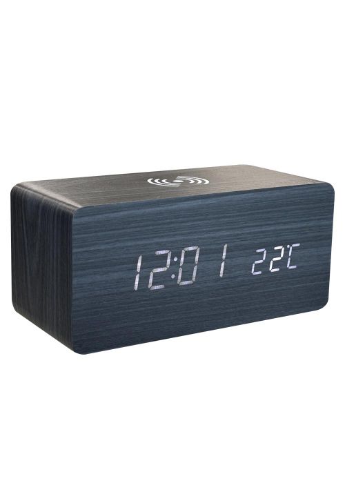 Reloj LED de madera con carga inalámbrica Negro