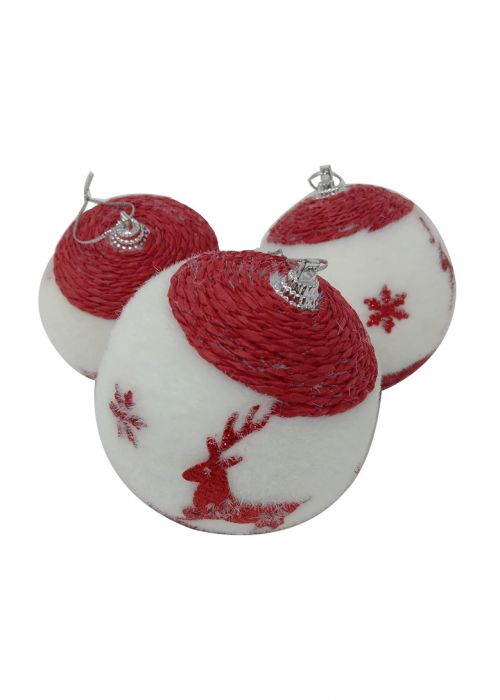 Set de 3 Esferas Navideñas Terciopelo Rojo y Blanco