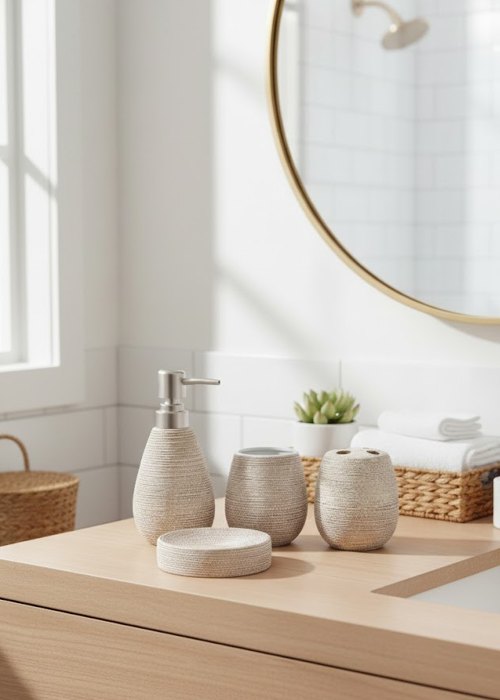 Set Accesorios De Baño 3 Piezas Resina Simil Piedr Neutro