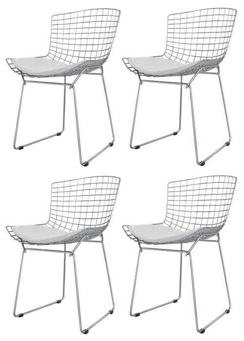 Bertoia Cromada x4 Tapizado Blanco