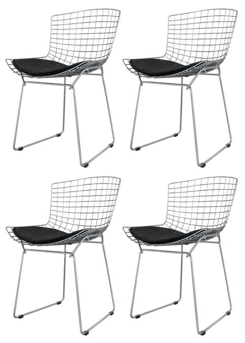 Bertoia Cromada x4 Tapizado Negro