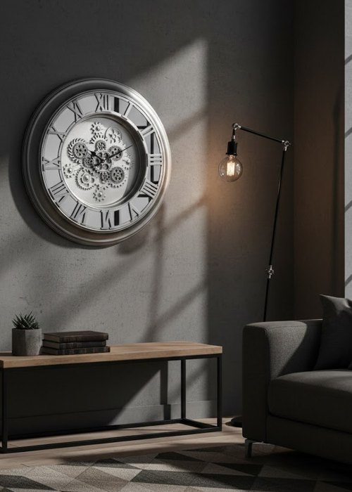 Reloj de Pared Engranajes Romanos Plateado Neutro
