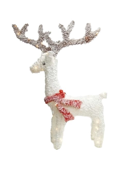 Ciervo Blanco con moño rojo y Led 105 cm Blanco