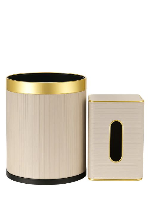 Juego de papelera y caja de pañuelos.