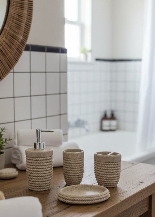 Set Accesorios De Baño 3 Piezas Resina Simil Piedr Neutro