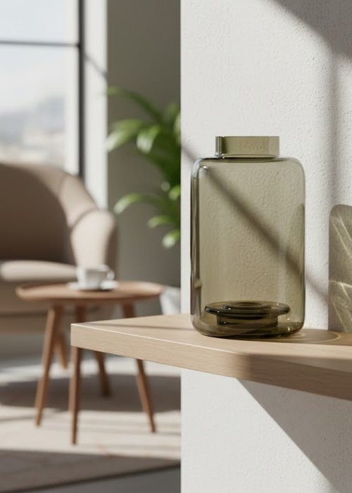 Jarrón Gris Ahumado con Cuello Ancho Neutro