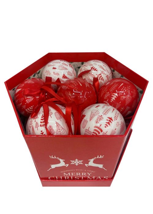 Caja de esferas Navideñas Arboles Estilo Nórdico Rojo y Blanco