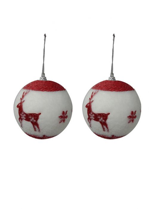 Set de 2 Esferas Navideñas Terciopelo Rojo y Blanco