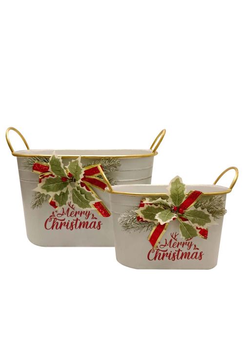 Set 2 Macetas Navideñas Crema con Moño Crema
