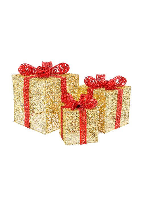 Caja de Regalo Dorada con moño rojo Led Dorado