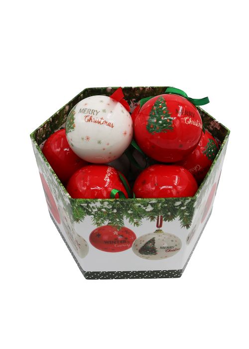 Caja de Esferas Navideñas Árboles Rojo y Blanco