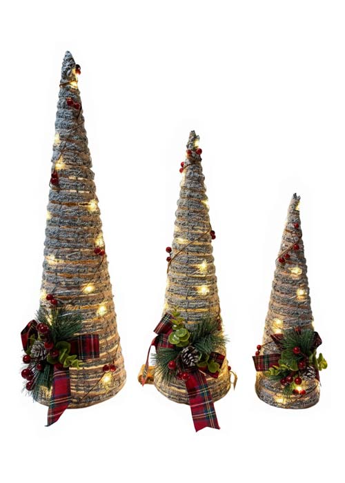 Pino de mimbre nevado con luces y Moño Multicolor